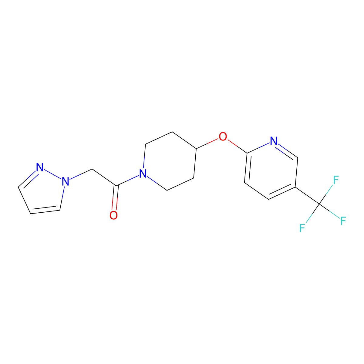 2-(1H-pyrazol-1-yl)-1-(4-((5-(trifluoromethyl)pyridin-2-yl)oxy)piperidin-1-yl)ethanone molecular structure, CAS 1421453-84-0