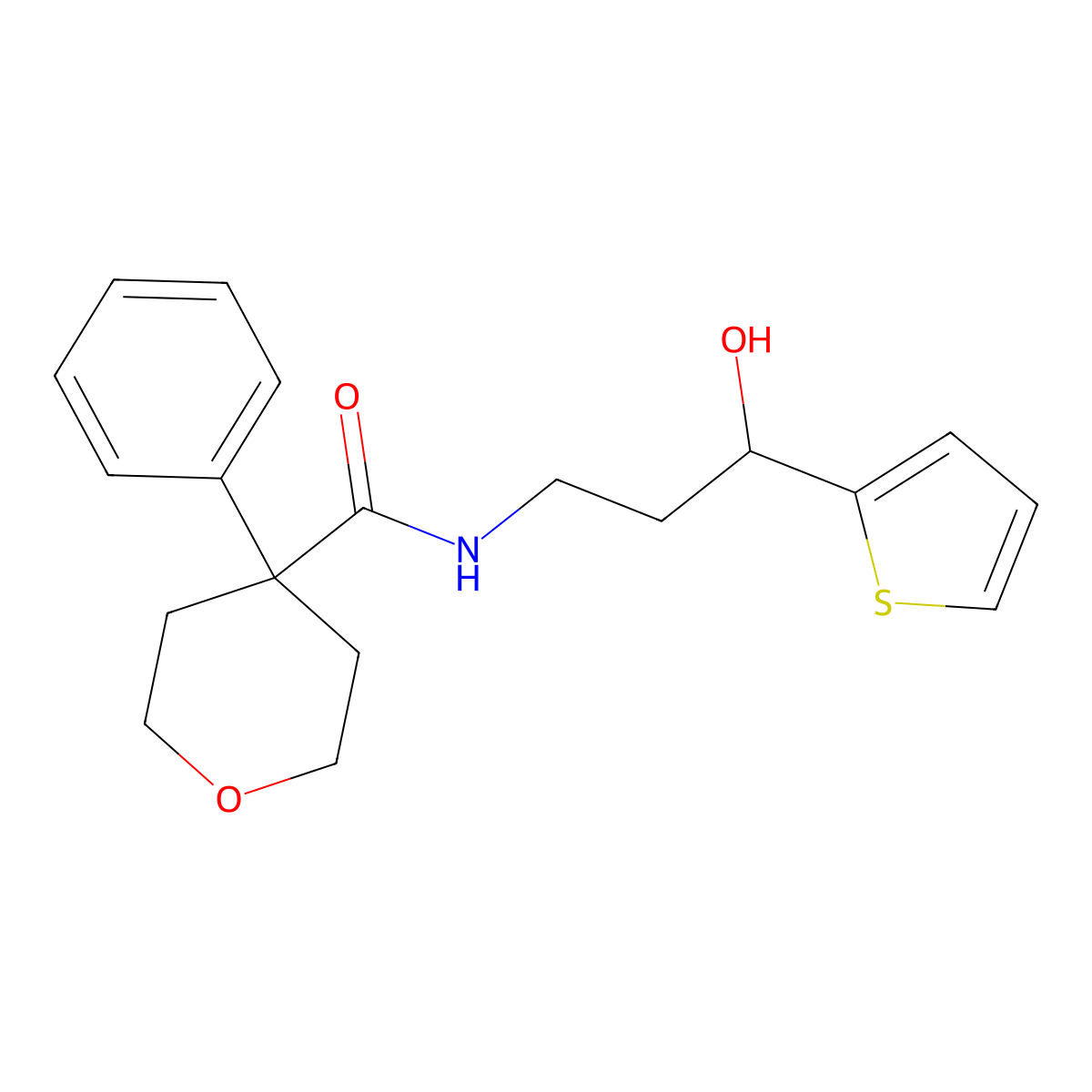 N-(3-hydroxy-3-(thiophen-2-yl)propyl)-4-phenyltetrahydro-2H-pyran-4-carboxamide molecular structure, CAS 1421453-87-3