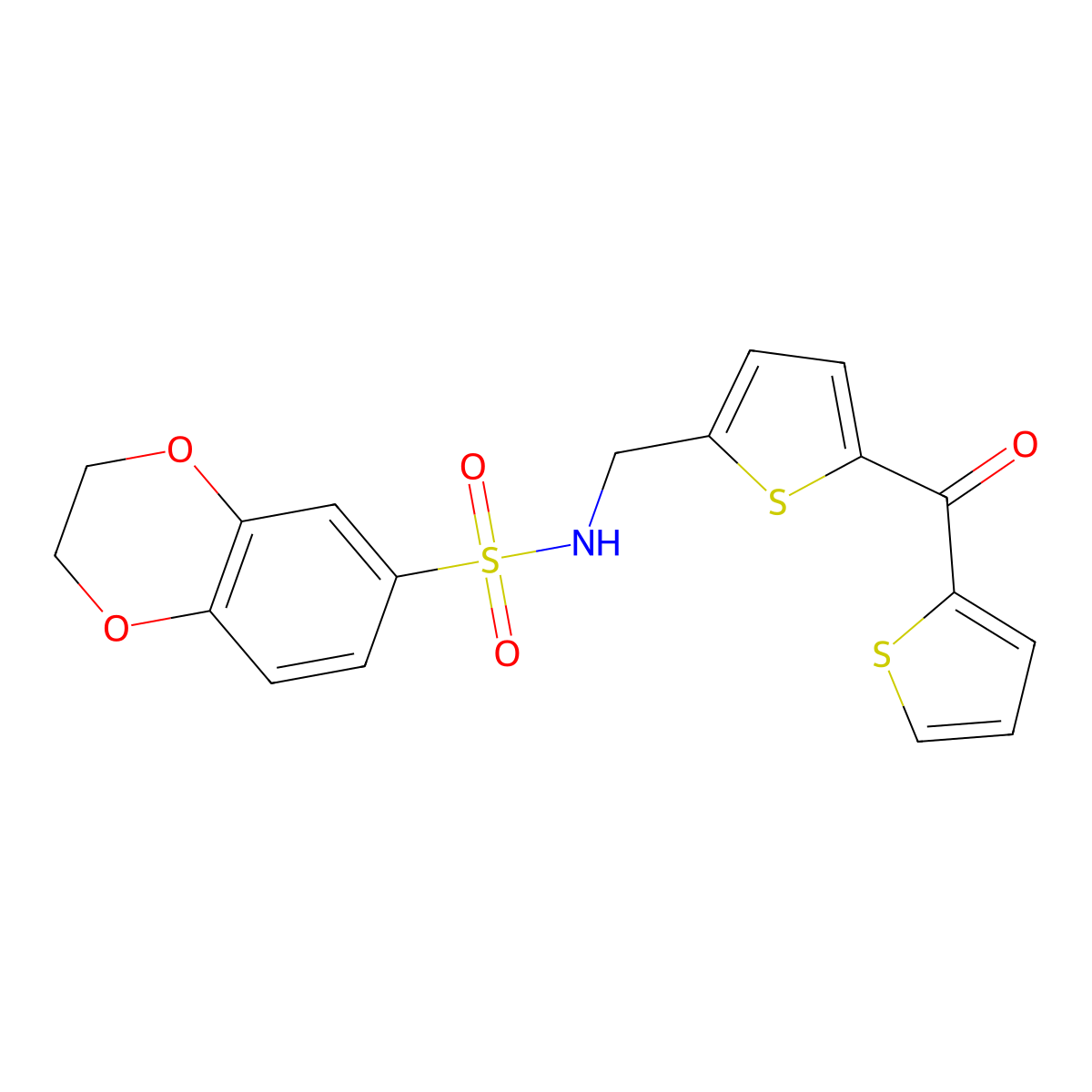 N-((5-(thiophene-2-carbonyl)thiophen-2-yl)methyl)-2,3-dihydrobenzo[b][1,4]dioxine-6-sulfonamide molecular structure, CAS 1421453-89-5