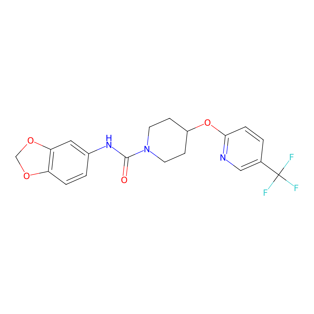 N-(benzo[d][1,3]dioxol-5-yl)-4-((5-(trifluoromethyl)pyridin-2-yl)oxy)piperidine-1-carboxamide molecular structure, CAS 1421453-91-9