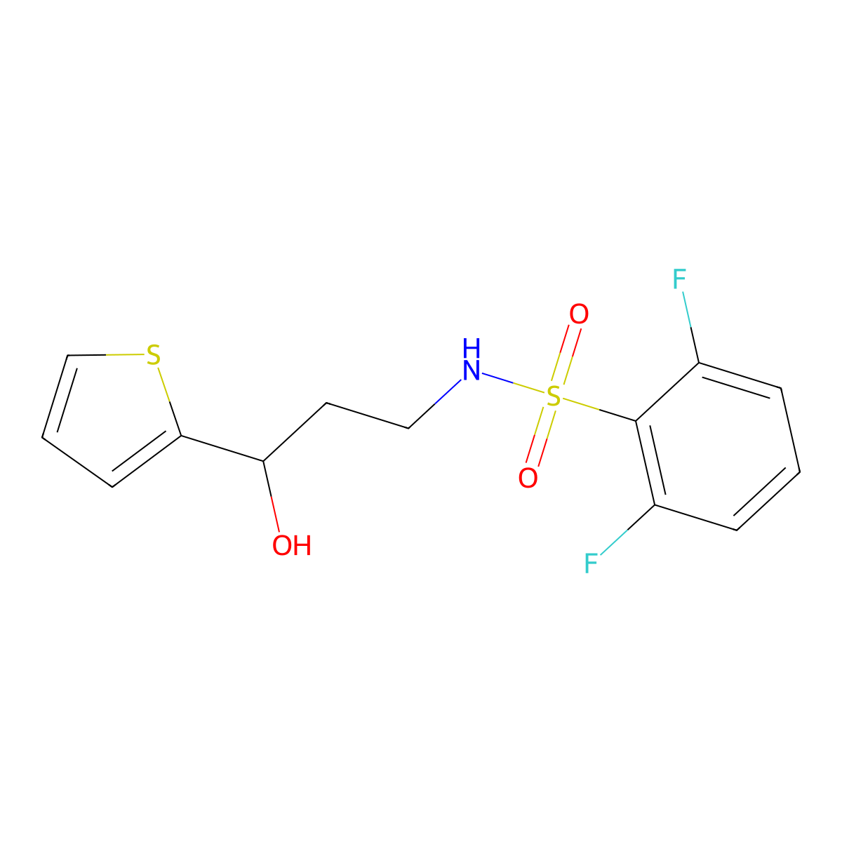 2,6-difluoro-N-(3-hydroxy-3-(thiophen-2-yl)propyl)benzenesulfonamide molecular structure, CAS 1421453-93-1