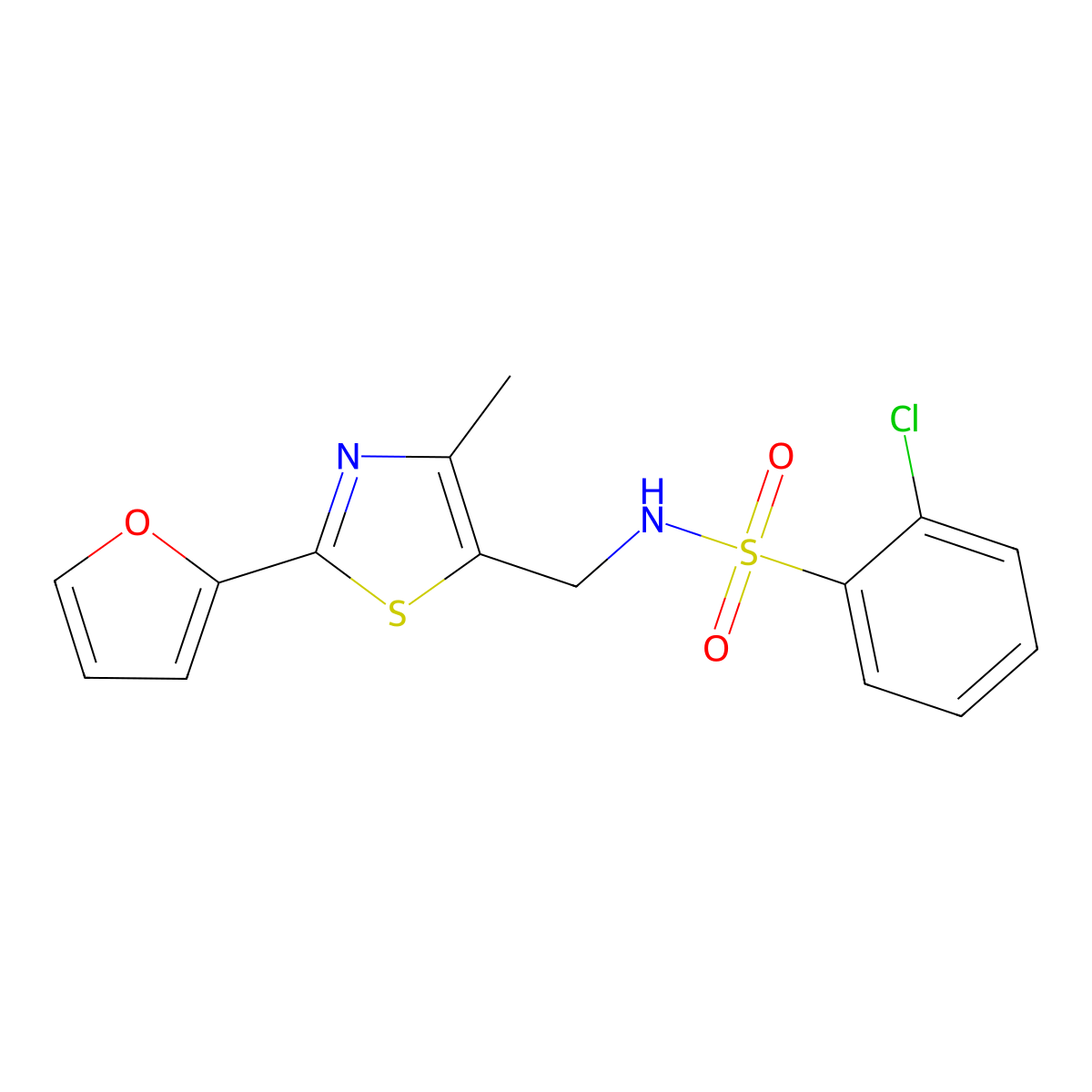 2-chloro-N-((2-(furan-2-yl)-4-methylthiazol-5-yl)methyl)benzenesulfonamide molecular structure, CAS 1421454-14-9