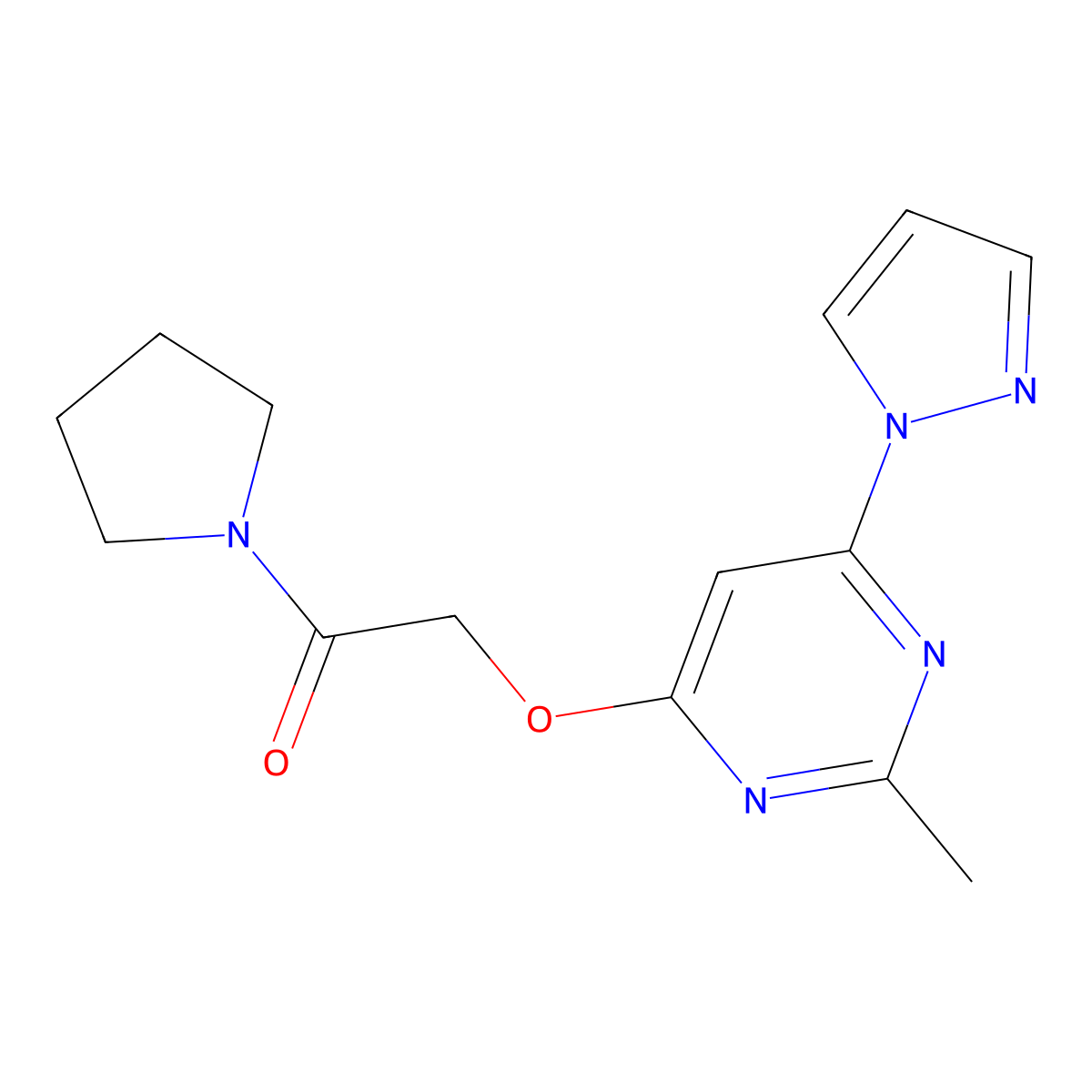 2-((2-methyl-6-(1H-pyrazol-1-yl)pyrimidin-4-yl)oxy)-1-(pyrrolidin-1-yl)ethanone molecular structure, CAS 1421454-16-1