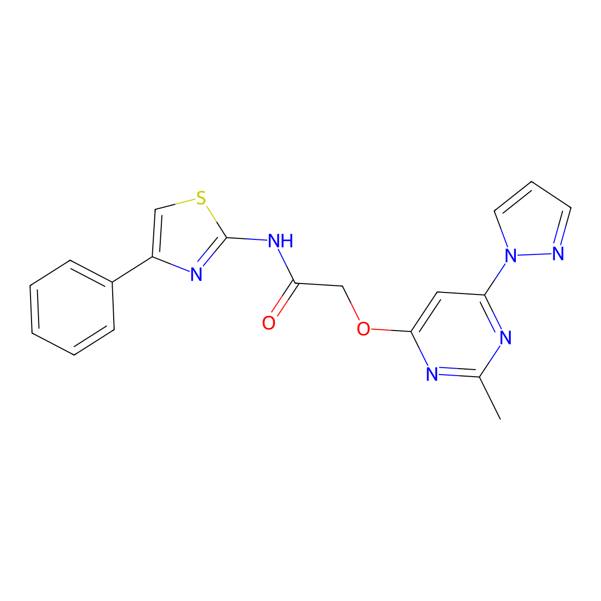 2-((2-methyl-6-(1H-pyrazol-1-yl)pyrimidin-4-yl)oxy)-N-(4-phenylthiazol-2-yl)acetamide molecular structure, CAS 1421454-19-4