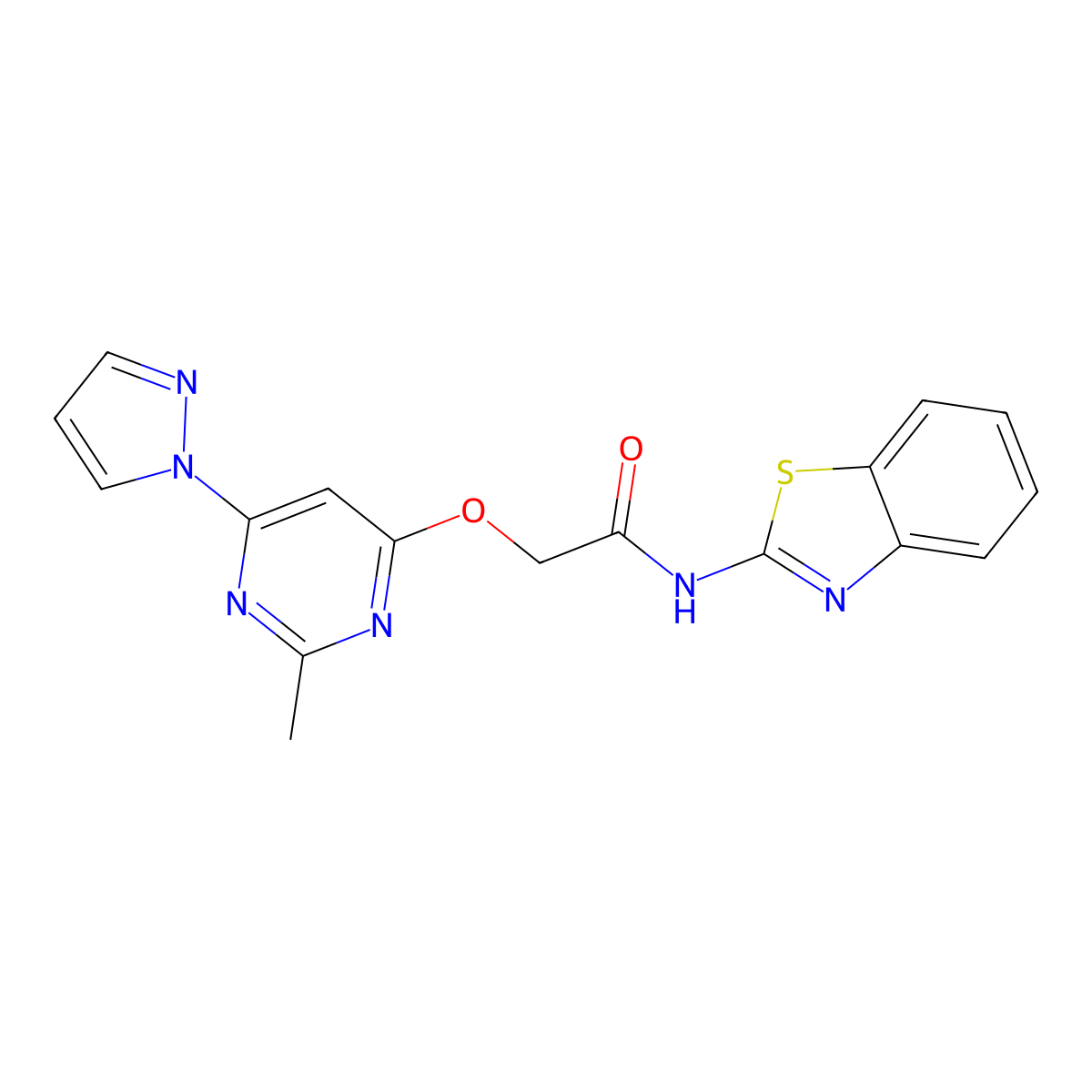 N-(benzo[d]thiazol-2-yl)-2-((2-methyl-6-(1H-pyrazol-1-yl)pyrimidin-4-yl)oxy)acetamide molecular structure, CAS 1421454-24-1