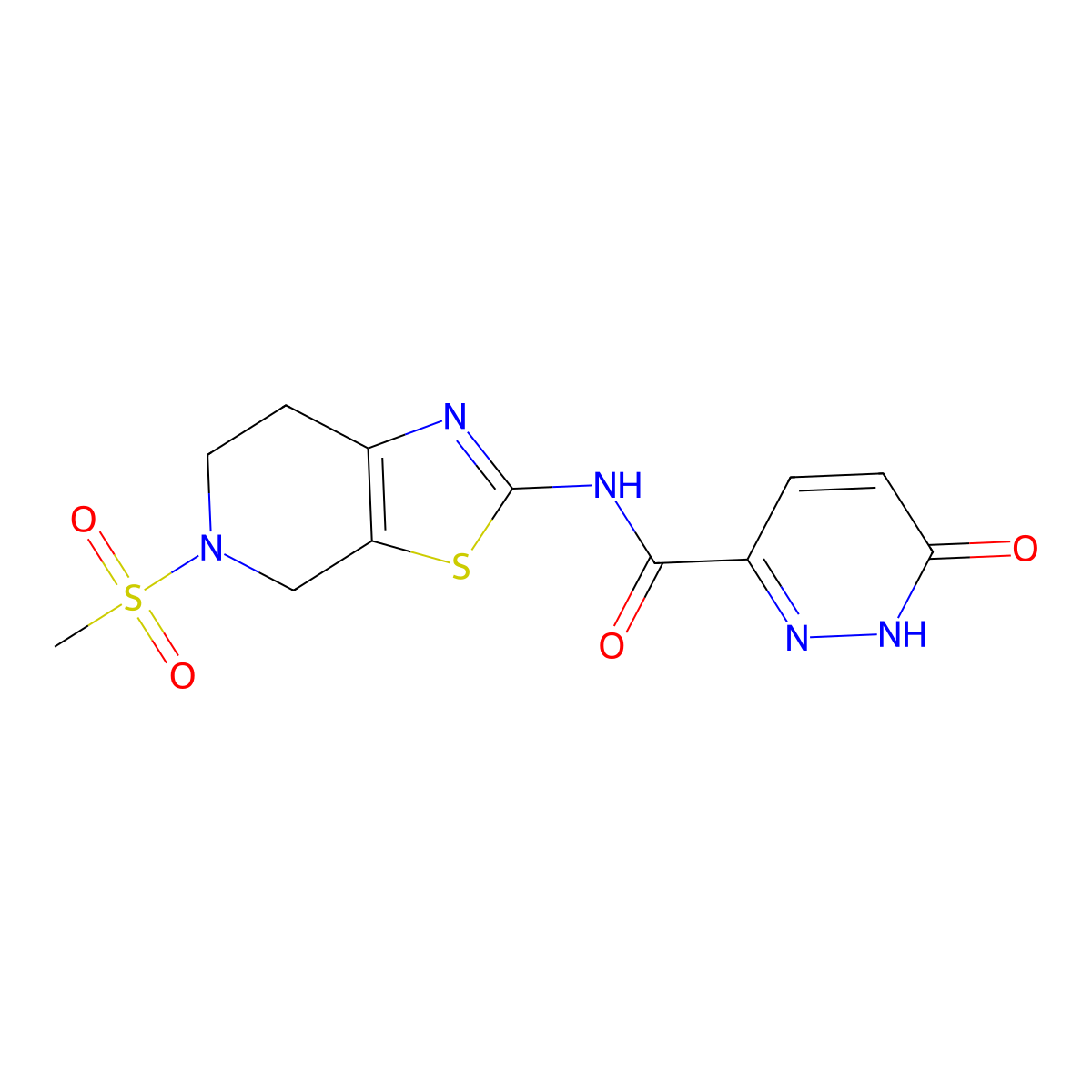 N-(5-(methylsulfonyl)-4,5,6,7-tetrahydrothiazolo[5,4-c]pyridin-2-yl)-6-oxo-1,6-dihydropyridazine-3-carboxamide molecular structure, CAS 1421455-21-1