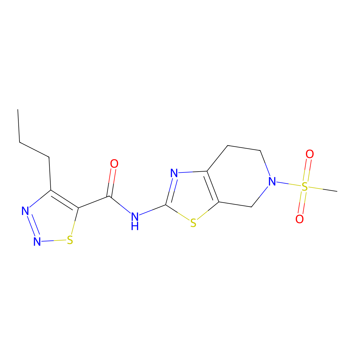 N-(5-(methylsulfonyl)-4,5,6,7-tetrahydrothiazolo[5,4-c]pyridin-2-yl)-4-propyl-1,2,3-thiadiazole-5-carboxamide molecular structure, CAS 1421455-27-7