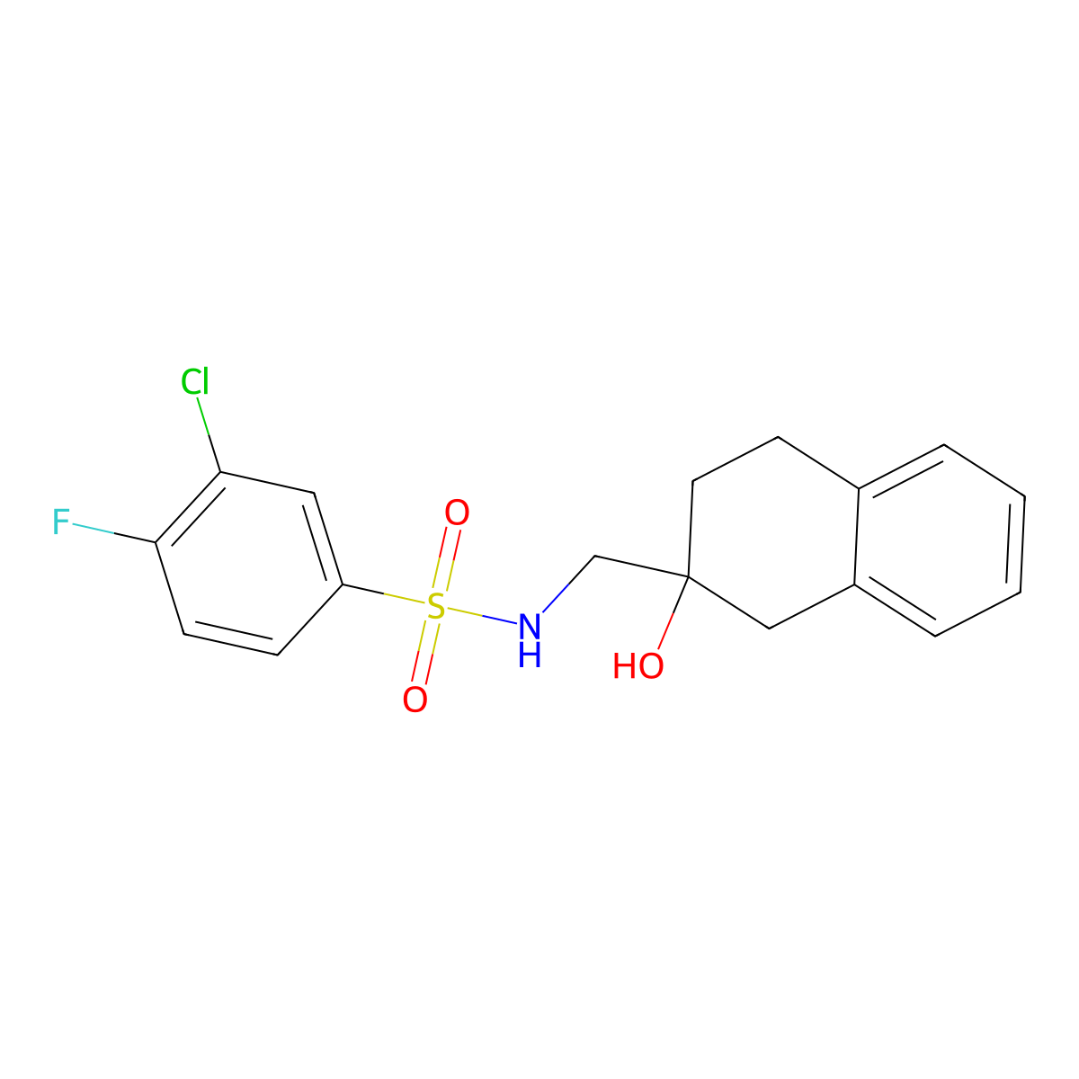 3-chloro-4-fluoro-N-((2-hydroxy-1,2,3,4-tetrahydronaphthalen-2-yl)methyl)benzenesulfonamide molecular structure, CAS 1421455-29-9