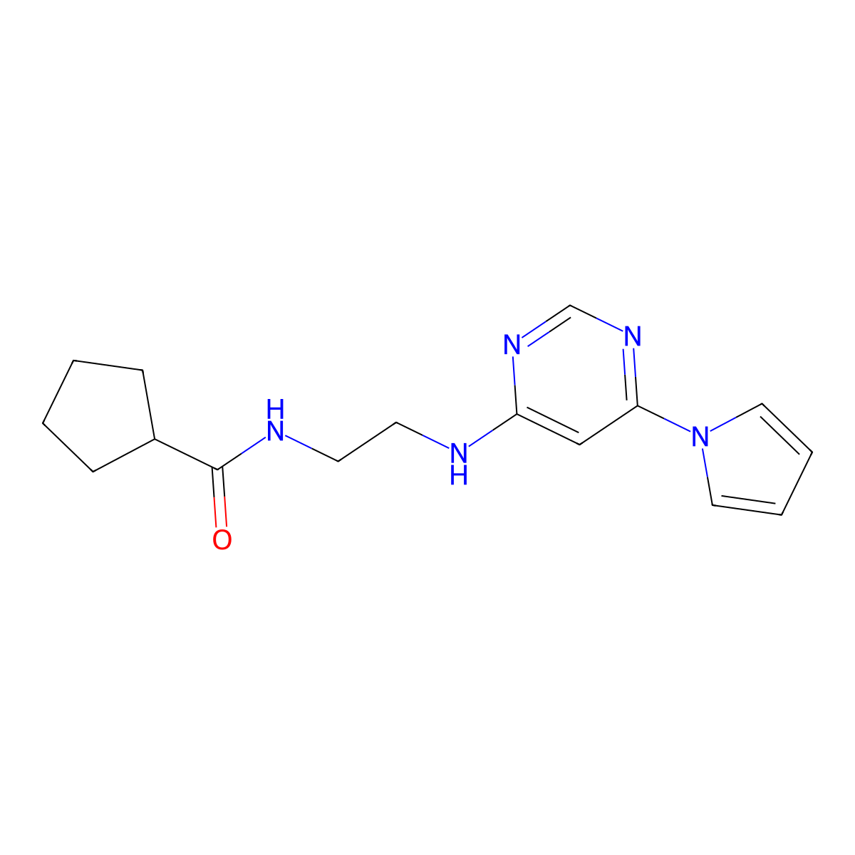 N-(2-((6-(1H-pyrrol-1-yl)pyrimidin-4-yl)amino)ethyl)cyclopentanecarboxamide molecular structure, CAS 1421455-31-3