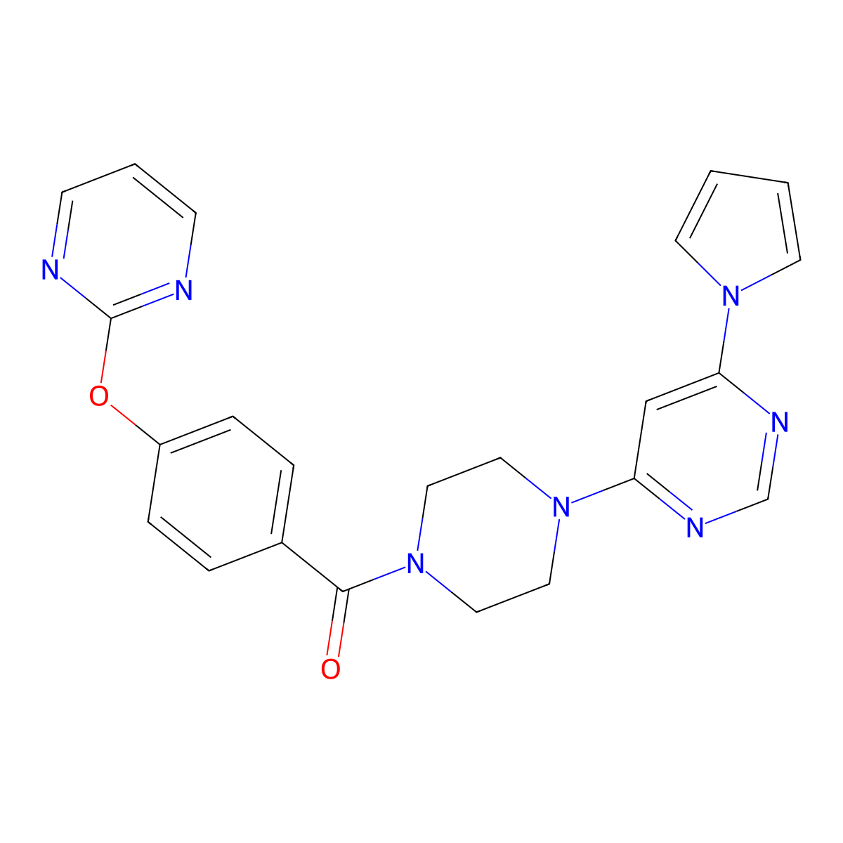 (4-(6-(1H-pyrrol-1-yl)pyrimidin-4-yl)piperazin-1-yl)(4-(pyrimidin-2-yloxy)phenyl)methanone molecular structure, CAS 1421455-35-7