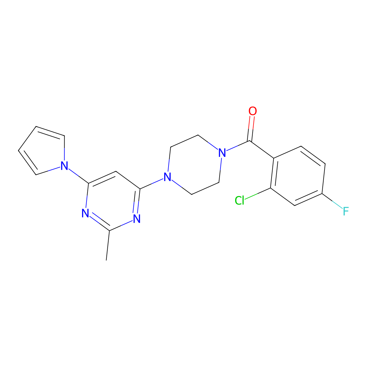 (2-chloro-4-fluorophenyl)(4-(2-methyl-6-(1H-pyrrol-1-yl)pyrimidin-4-yl)piperazin-1-yl)methanone molecular structure, CAS 1421455-40-4