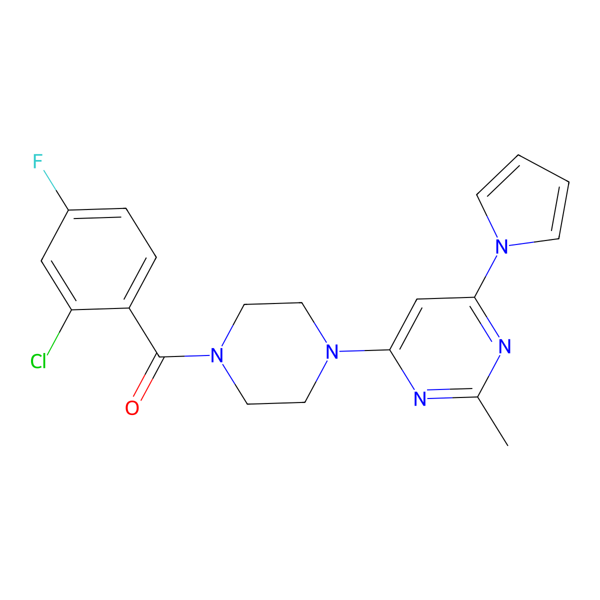 (2-chloro-4-fluorophenyl)(4-(2-methyl-6-(1H-pyrrol-1-yl)pyrimidin-4-yl)piperazin-1-yl)methanone molecular structure, CAS 1421455-40-4
