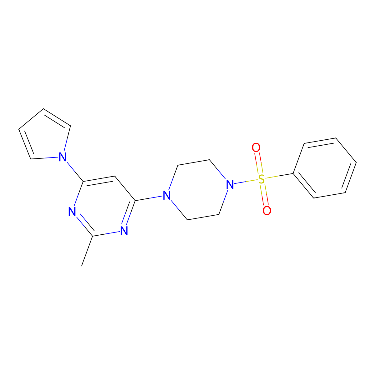 2-methyl-4-(4-(phenylsulfonyl)piperazin-1-yl)-6-(1H-pyrrol-1-yl)pyrimidine molecular structure, CAS 1421455-48-2