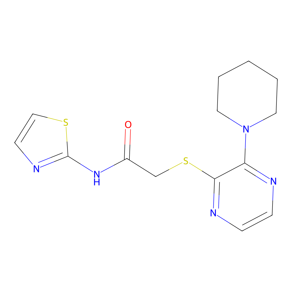 2-((3-(piperidin-1-yl)pyrazin-2-yl)thio)-N-(thiazol-2-yl)acetamide molecular structure, CAS 1421455-74-4