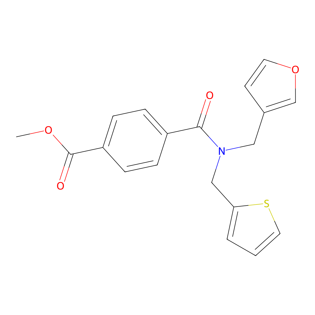 Methyl 4-((furan-3-ylmethyl)(thiophen-2-ylmethyl)carbamoyl)benzoate molecular structure, CAS 1421455-84-6
