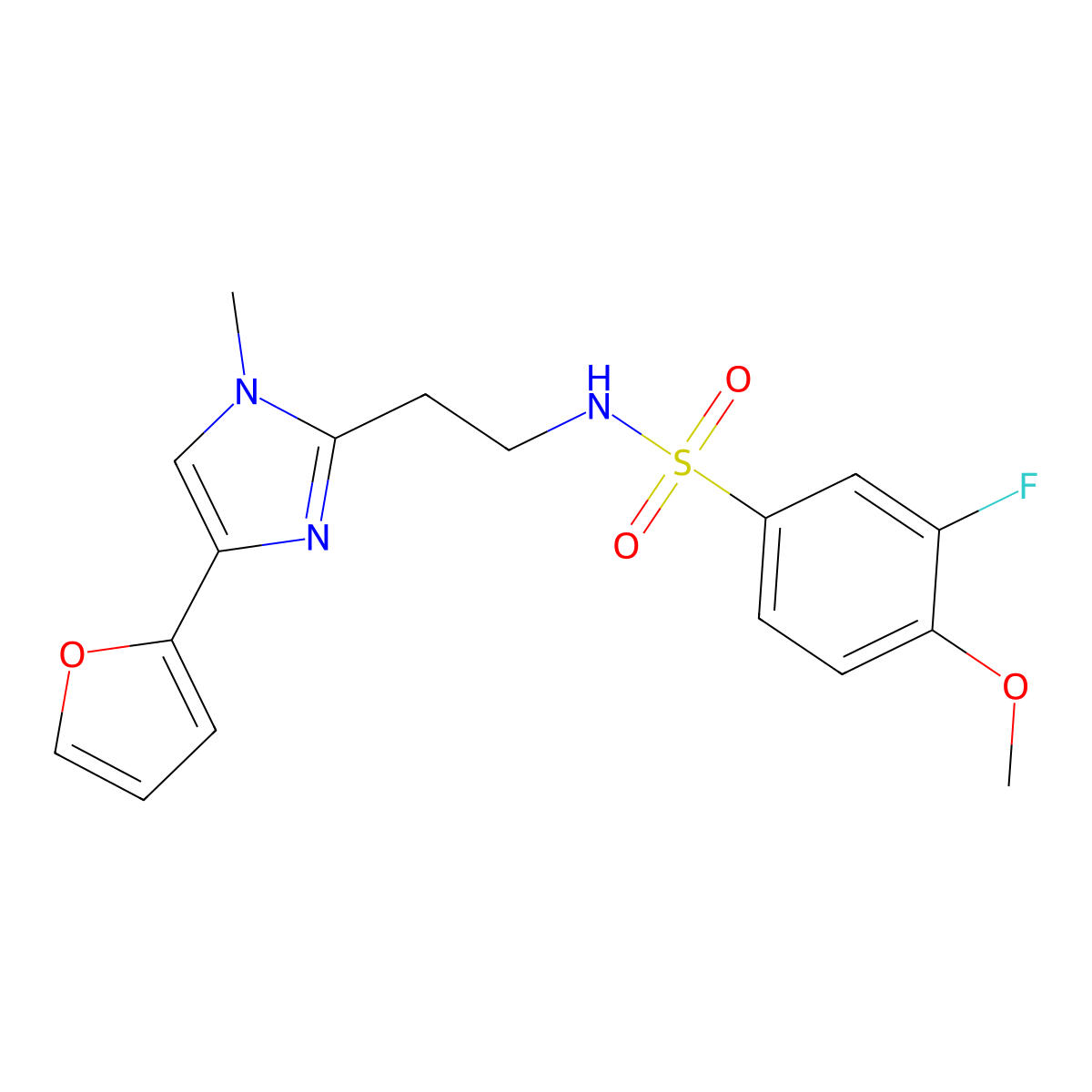 3-fluoro-N-(2-(4-(furan-2-yl)-1-methyl-1H-imidazol-2-yl)ethyl)-4-methoxybenzenesulfonamide molecular structure, CAS 1421455-92-6