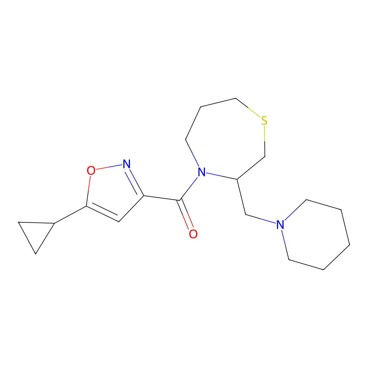 (5-Cyclopropylisoxazol-3-yl)(3-(piperidin-1-ylmethyl)-1,4-thiazepan-4-yl)methanone molecular structure, CAS 1421455-97-1