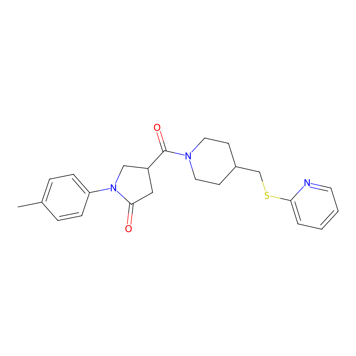 4-(4-((Pyridin-2-ylthio)methyl)piperidine-1-carbonyl)-1-(p-tolyl)pyrrolidin-2-one molecular structure, CAS 1421456-00-9
