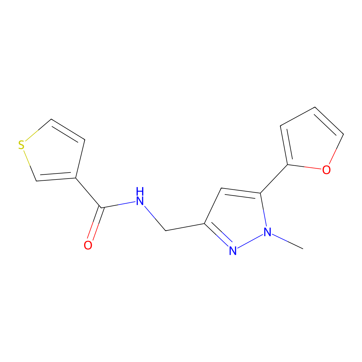 N-((5-(furan-2-yl)-1-methyl-1H-pyrazol-3-yl)methyl)thiophene-3-carboxamide molecular structure, CAS 1421456-05-4
