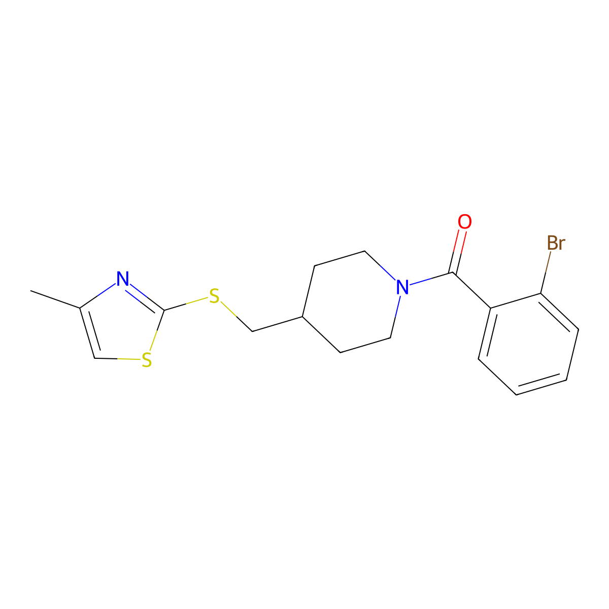 (2-Bromophenyl)(4-(((4-methylthiazol-2-yl)thio)methyl)piperidin-1-yl)methanone molecular structure, CAS 1421456-13-4