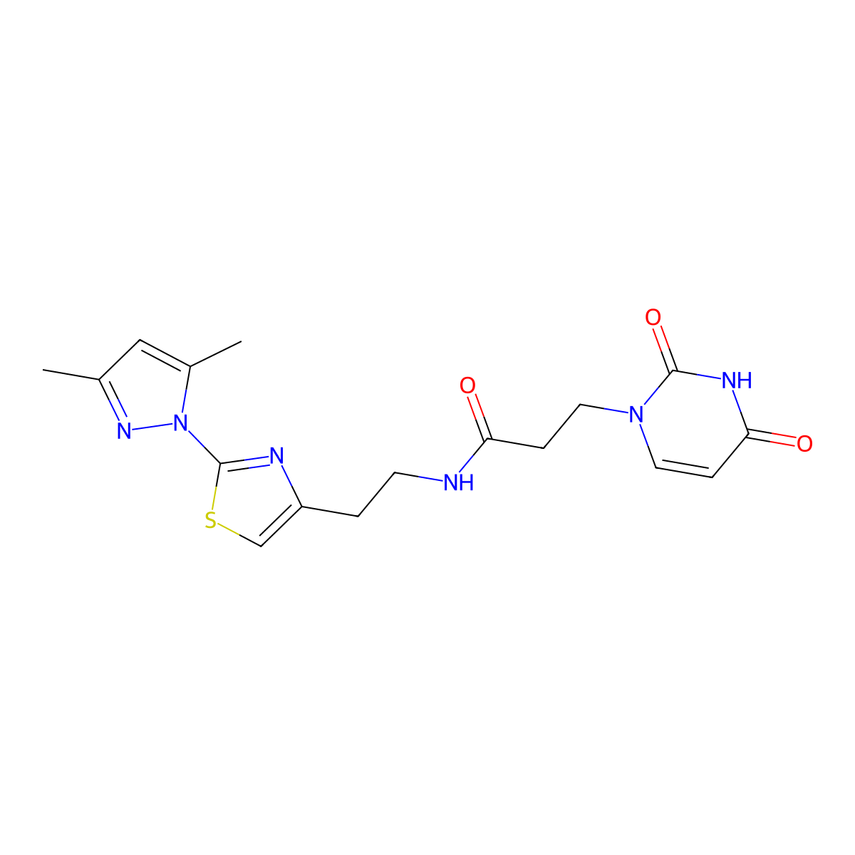 N-(2-(2-(3,5-dimethyl-1H-pyrazol-1-yl)thiazol-4-yl)ethyl)-3-(2,4-dioxo-3,4-dihydropyrimidin-1(2H)-yl)propanamide molecular structure, CAS 1421456-14-5