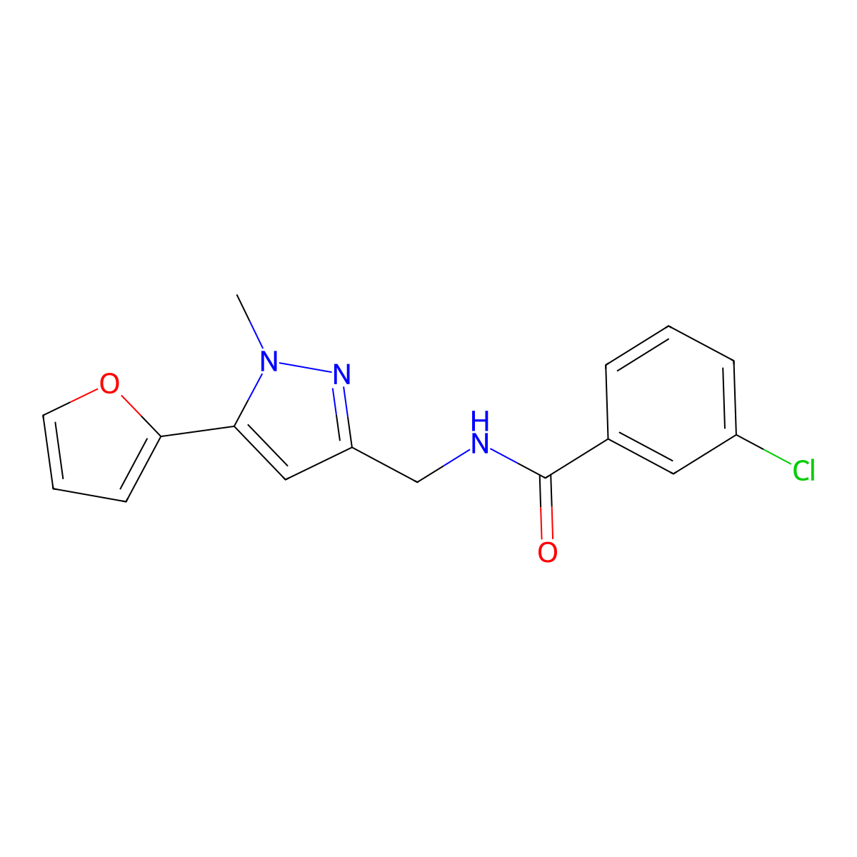 3-chloro-N-((5-(furan-2-yl)-1-methyl-1H-pyrazol-3-yl)methyl)benzamide molecular structure, CAS 1421456-16-7