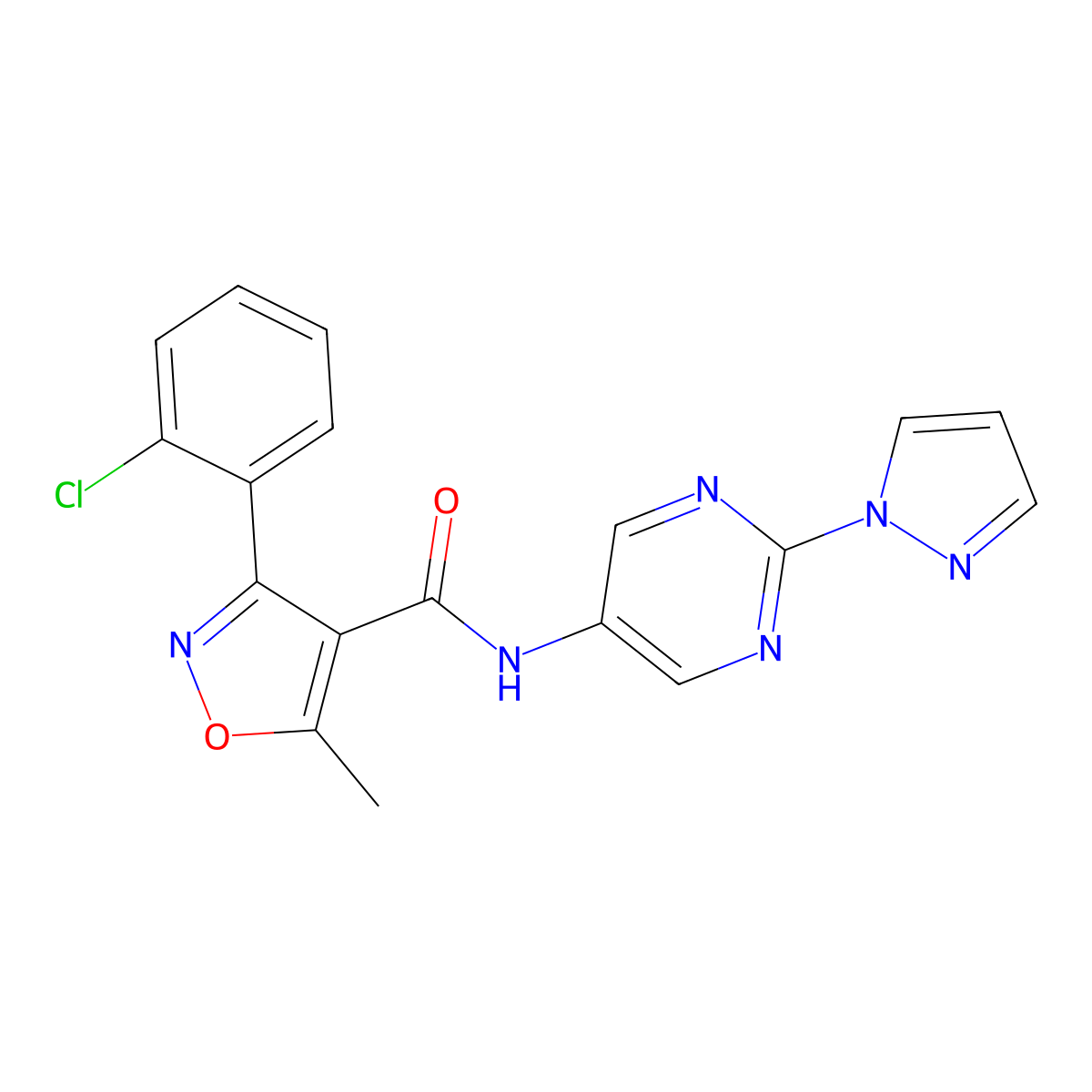N-(2-(1H-pyrazol-1-yl)pyrimidin-5-yl)-3-(2-chlorophenyl)-5-methylisoxazole-4-carboxamide molecular structure, CAS 1421456-17-8