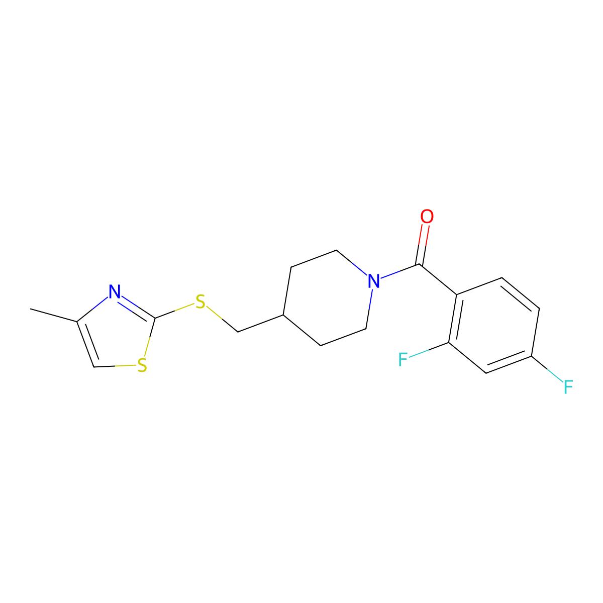 (2,4-Difluorophenyl)(4-(((4-methylthiazol-2-yl)thio)methyl)piperidin-1-yl)methanone molecular structure, CAS 1421456-19-0