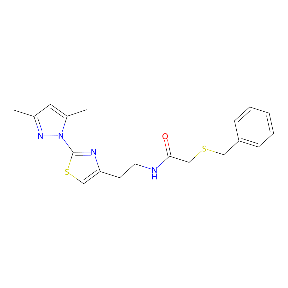 2-(benzylthio)-N-(2-(2-(3,5-dimethyl-1H-pyrazol-1-yl)thiazol-4-yl)ethyl)acetamide molecular structure, CAS 1421456-26-9