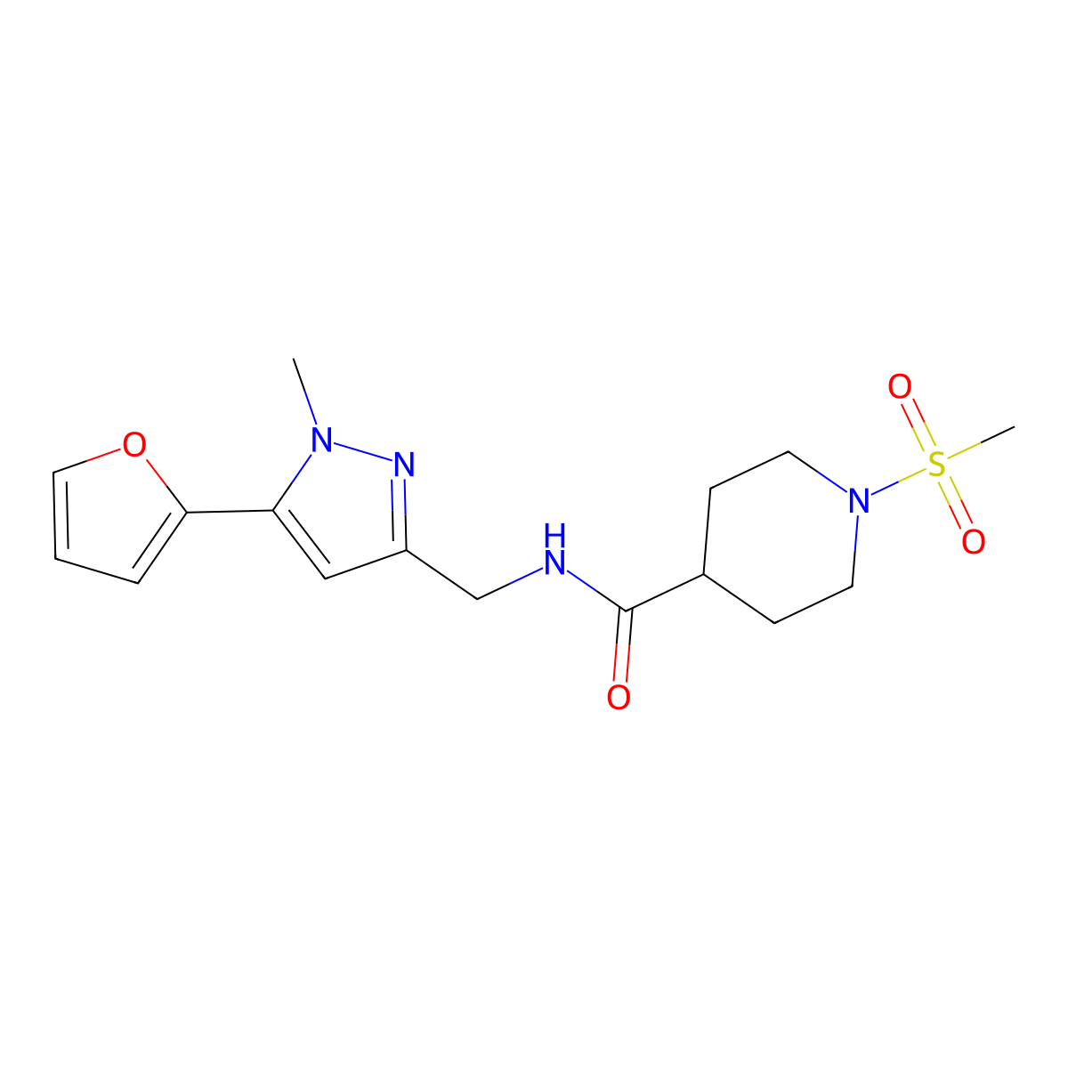 N-((5-(furan-2-yl)-1-methyl-1H-pyrazol-3-yl)methyl)-1-(methylsulfonyl)piperidine-4-carboxamide molecular structure, CAS 1421456-28-1