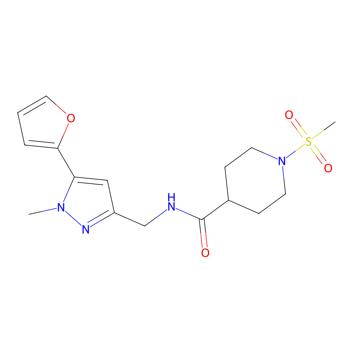 N-((5-(furan-2-yl)-1-methyl-1H-pyrazol-3-yl)methyl)-1-(methylsulfonyl)piperidine-4-carboxamide molecular structure, CAS 1421456-28-1