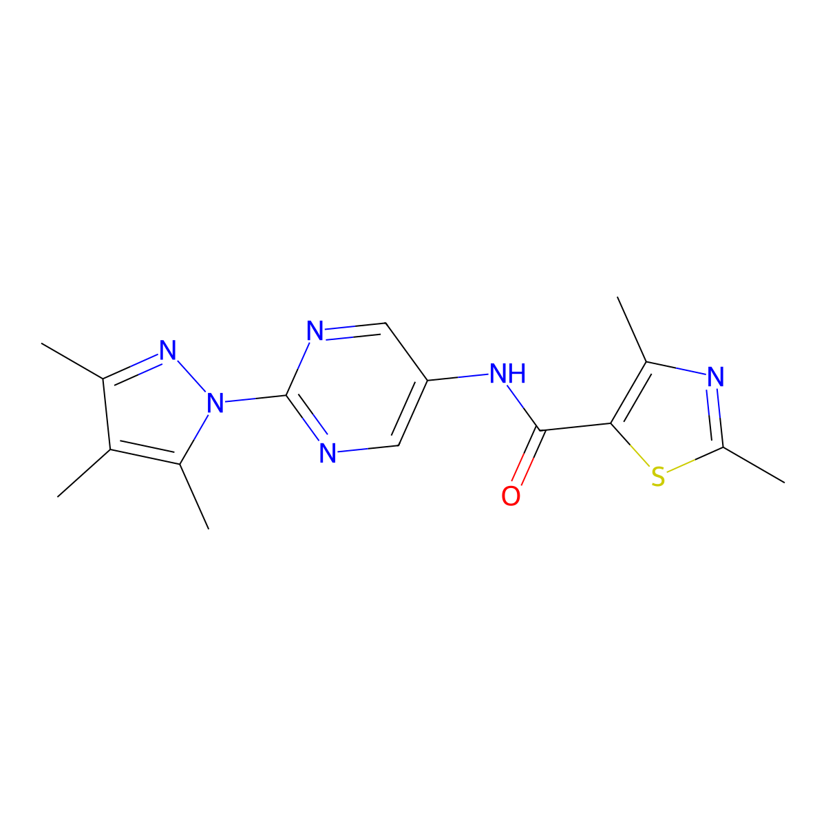 2,4-dimethyl-N-(2-(3,4,5-trimethyl-1H-pyrazol-1-yl)pyrimidin-5-yl)thiazole-5-carboxamide molecular structure, CAS 1421456-29-2