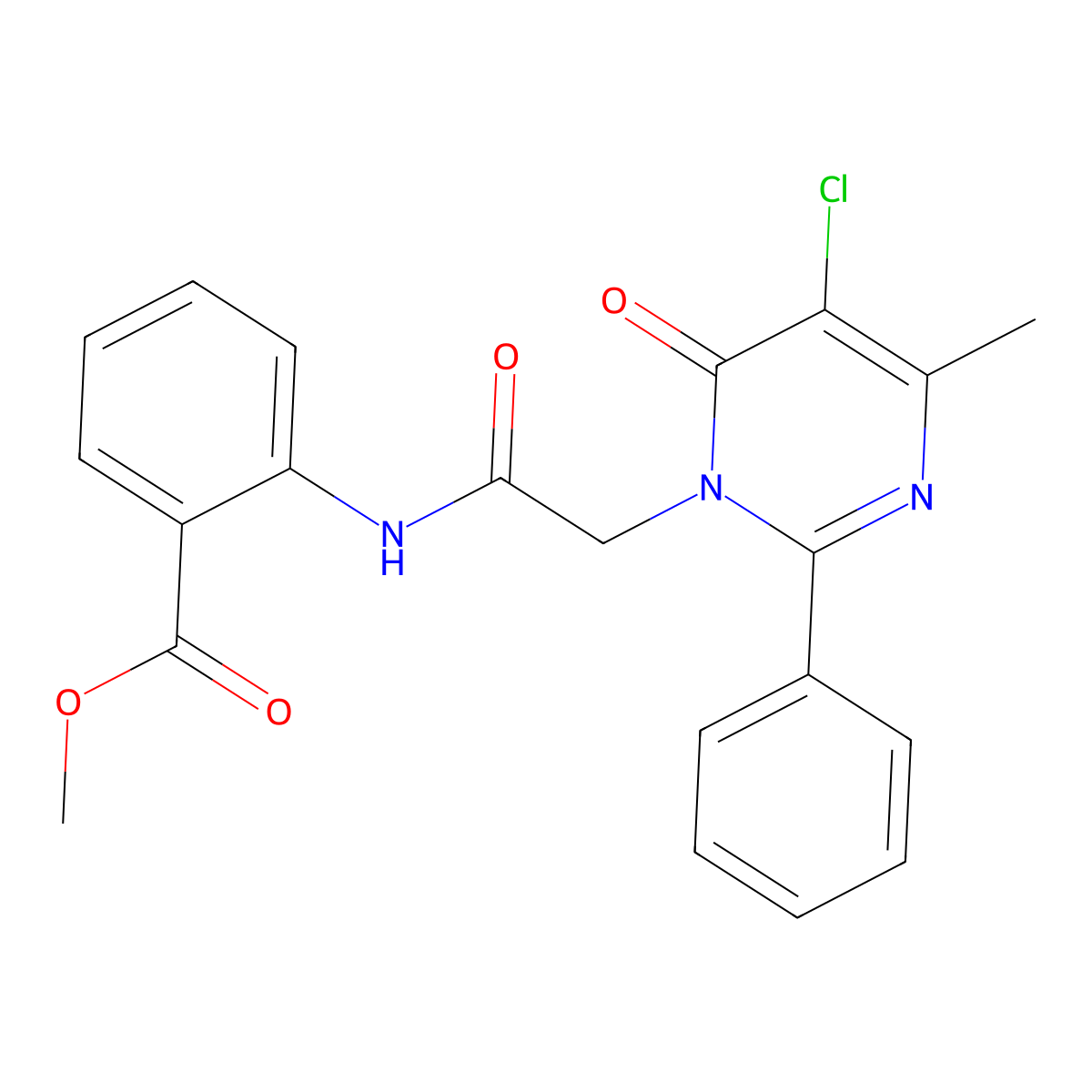 methyl 2-(2-(5-chloro-4-methyl-6-oxo-2-phenylpyrimidin-1(6H)-yl)acetamido)benzoate molecular structure, CAS 1421456-60-1