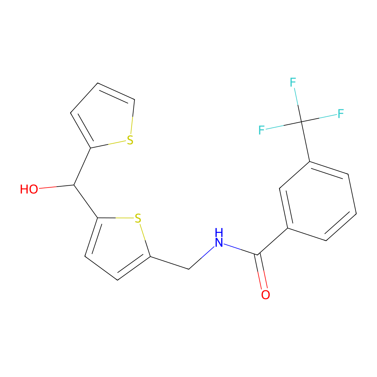 N-({5-[Hydroxy(thiophen-2-YL)methyl]thiophen-2-YL}methyl)-3-(trifluoromethyl)benzamide molecular structure, CAS 1421456-75-8
