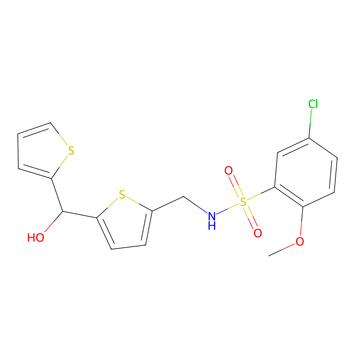 5-chloro-N-((5-(hydroxy(thiophen-2-yl)methyl)thiophen-2-yl)methyl)-2-methoxybenzenesulfonamide molecular structure, CAS 1421456-84-9