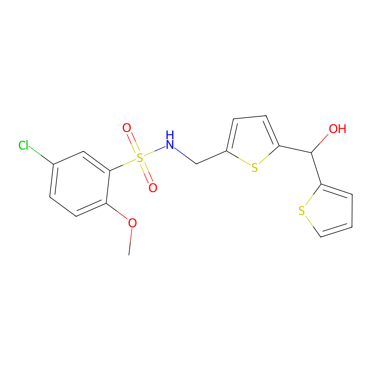 5-chloro-N-((5-(hydroxy(thiophen-2-yl)methyl)thiophen-2-yl)methyl)-2-methoxybenzenesulfonamide molecular structure, CAS 1421456-84-9