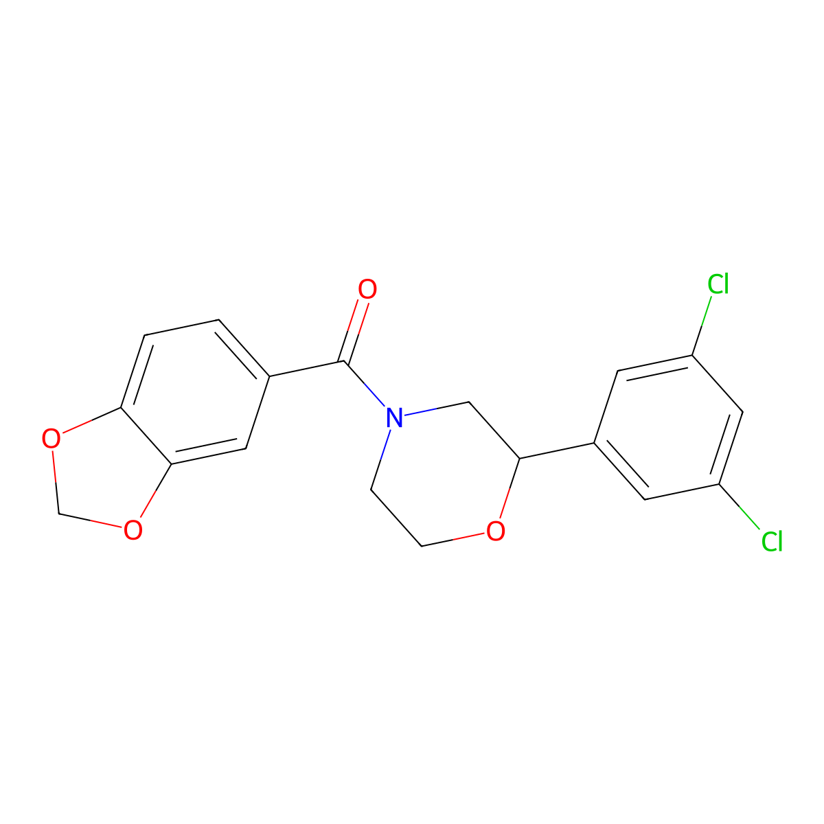 Benzo[d][1,3]dioxol-5-yl(2-(3,5-dichlorophenyl)morpholino)methanone molecular structure, CAS 1421456-87-2