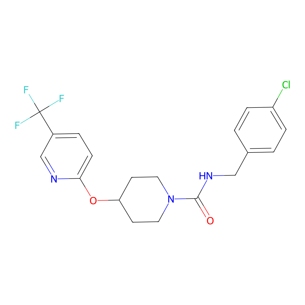 N-(4-chlorobenzyl)-4-((5-(trifluoromethyl)pyridin-2-yl)oxy)piperidine-1-carboxamide molecular structure, CAS 1421456-98-5