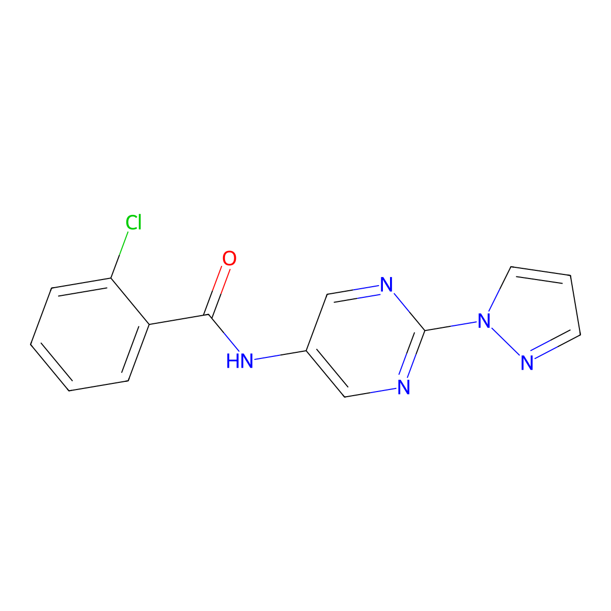 N-(2-(1H-pyrazol-1-yl)pyrimidin-5-yl)-2-chlorobenzamide molecular structure, CAS 1421457-14-8
