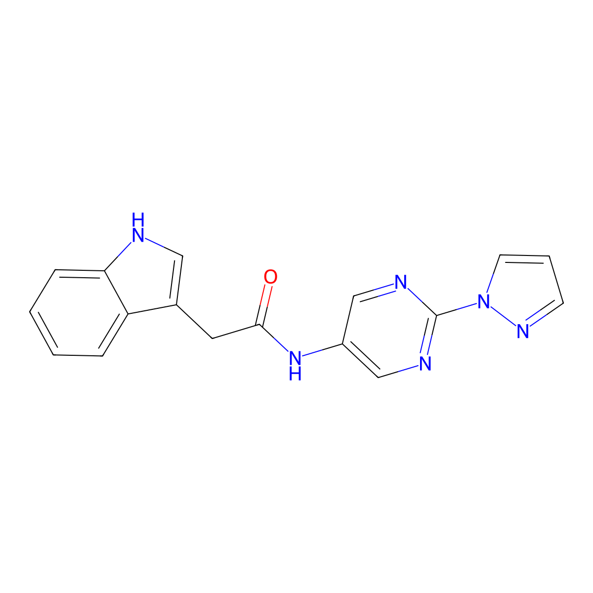 N-(2-(1H-pyrazol-1-yl)pyrimidin-5-yl)-2-(1H-indol-3-yl)acetamide molecular structure, CAS 1421457-17-1
