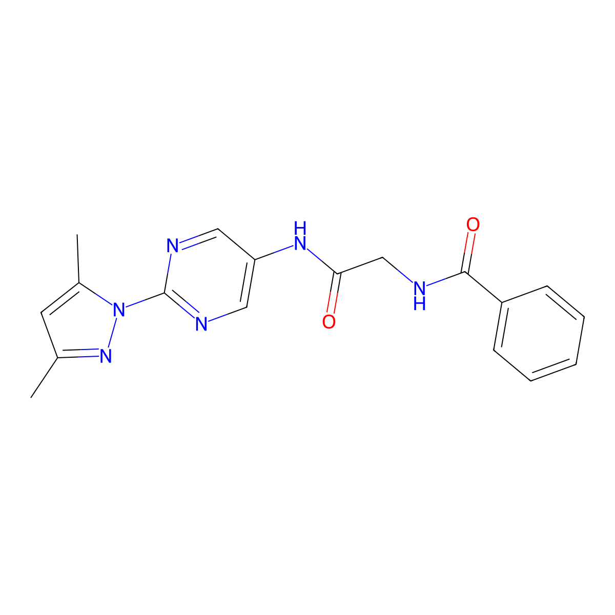 N-(2-((2-(3,5-dimethyl-1H-pyrazol-1-yl)pyrimidin-5-yl)amino)-2-oxoethyl)benzamide molecular structure, CAS 1421457-22-8