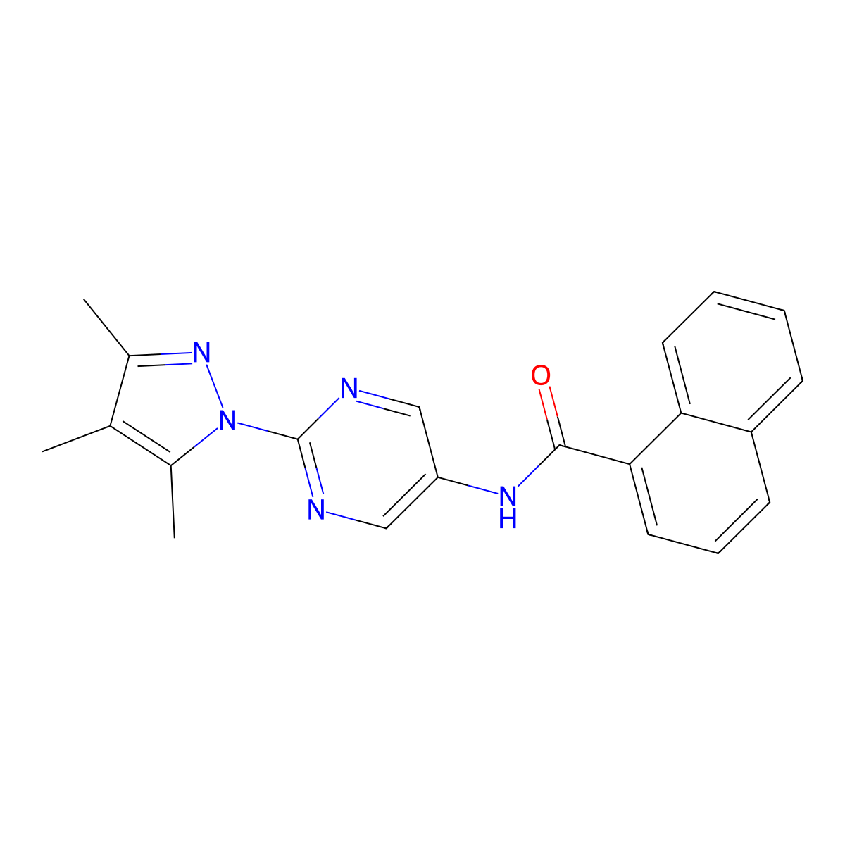 N-(2-(3,4,5-trimethyl-1H-pyrazol-1-yl)pyrimidin-5-yl)-1-naphthamide molecular structure, CAS 1421457-25-1