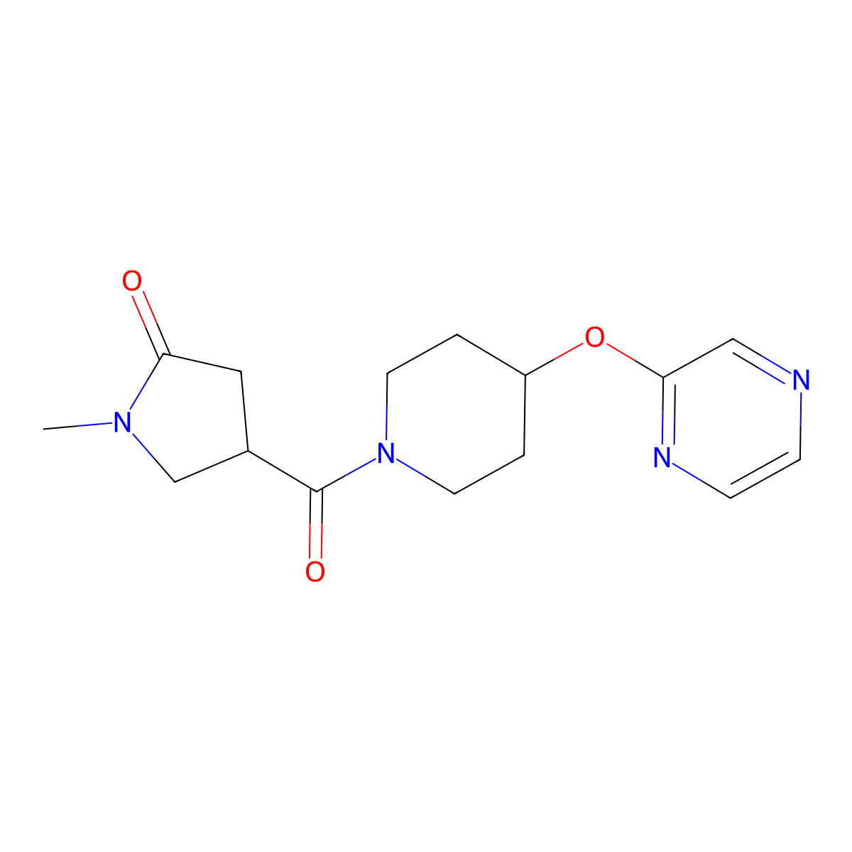 1-Methyl-4-(4-(pyrazin-2-yloxy)piperidine-1-carbonyl)pyrrolidin-2-one molecular structure, CAS 1421457-30-8