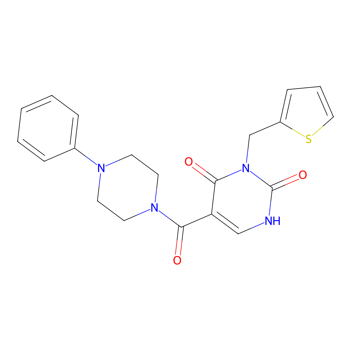 5-(4-phenylpiperazine-1-carbonyl)-3-(thiophen-2-ylmethyl)pyrimidine-2,4(1H,3H)-dione molecular structure, CAS 1421457-31-9