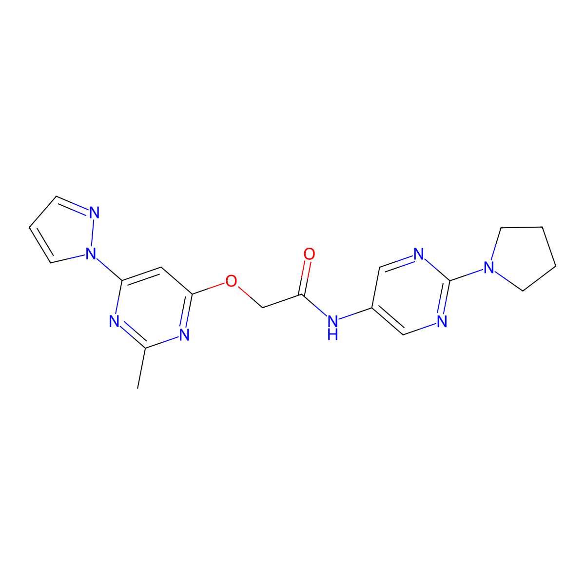 2-{[2-methyl-6-(1H-pyrazol-1-yl)pyrimidin-4-yl]oxy}-N-[2-(pyrrolidin-1-yl)pyrimidin-5-yl]acetamide molecular structure, CAS 1421457-37-5