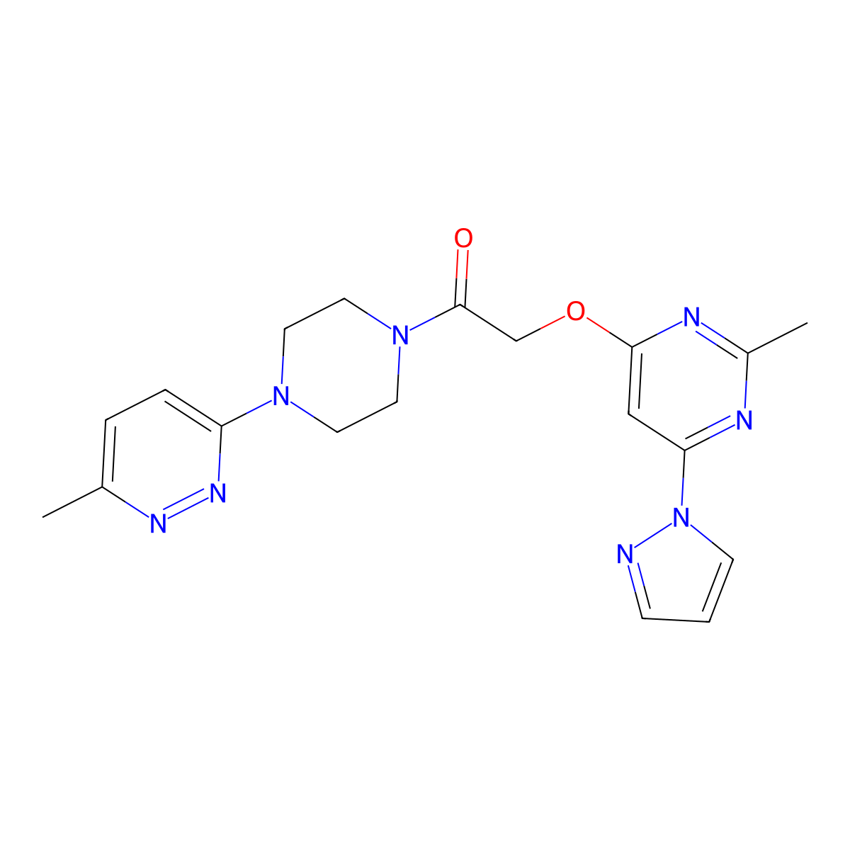 2-((2-methyl-6-(1H-pyrazol-1-yl)pyrimidin-4-yl)oxy)-1-(4-(6-methylpyridazin-3-yl)piperazin-1-yl)ethanone molecular structure, CAS 1421457-41-1