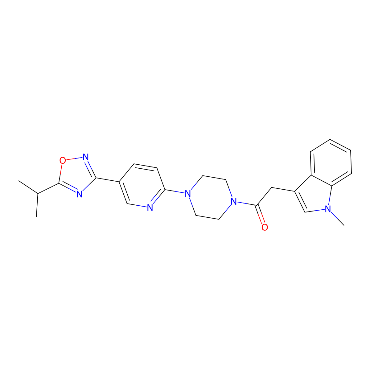 1-(4-(5-(5-isopropyl-1,2,4-oxadiazol-3-yl)pyridin-2-yl)piperazin-1-yl)-2-(1-methyl-1H-indol-3-yl)ethanone molecular structure, CAS 1421457-49-9