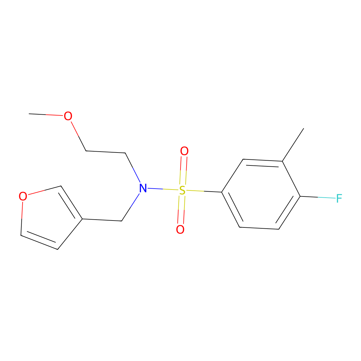 4-fluoro-N-(furan-3-ylmethyl)-N-(2-methoxyethyl)-3-methylbenzenesulfonamide molecular structure, CAS 1421457-50-2