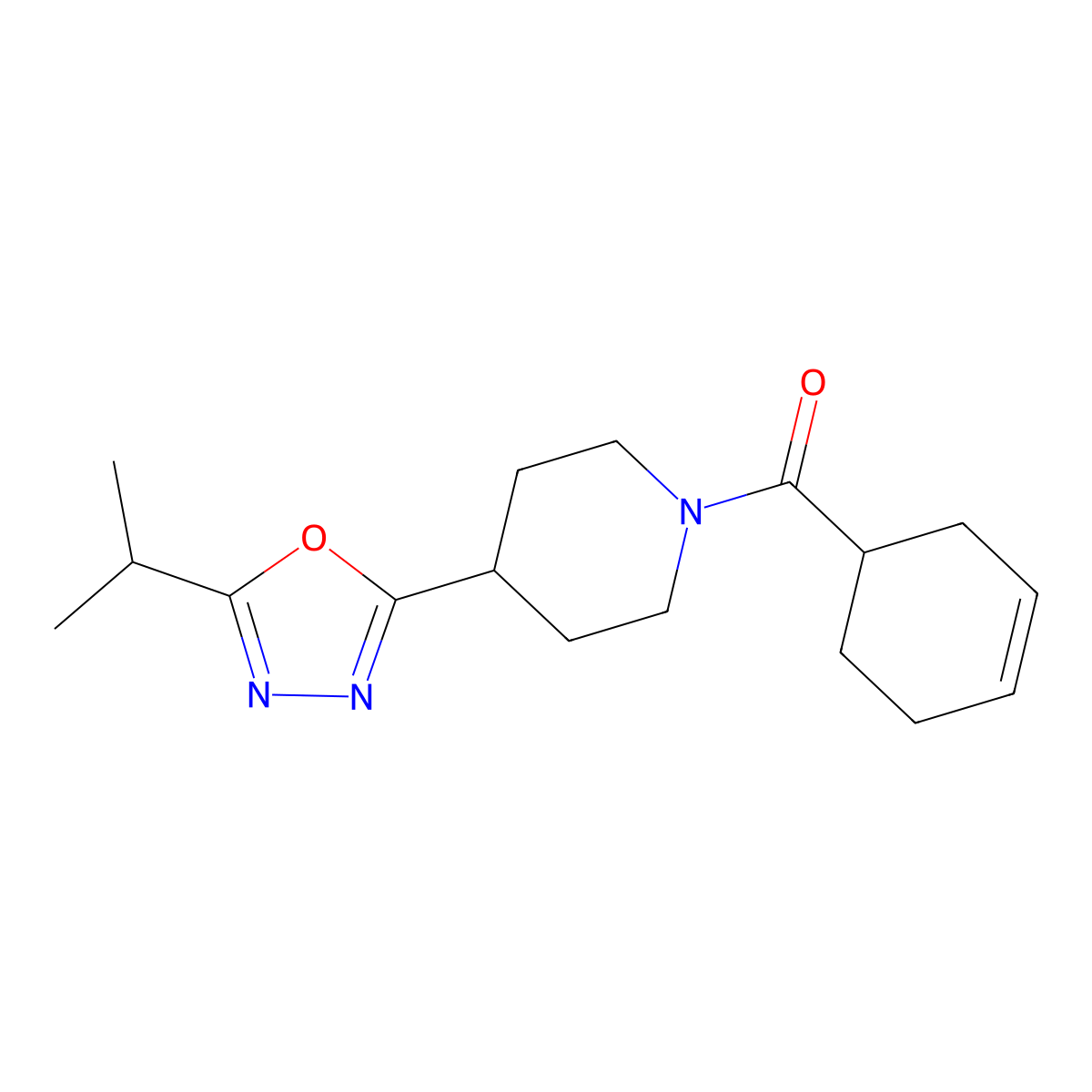 Cyclohex-3-en-1-yl(4-(5-isopropyl-1,3,4-oxadiazol-2-yl)piperidin-1-yl)methanone molecular structure, CAS 1421457-59-1