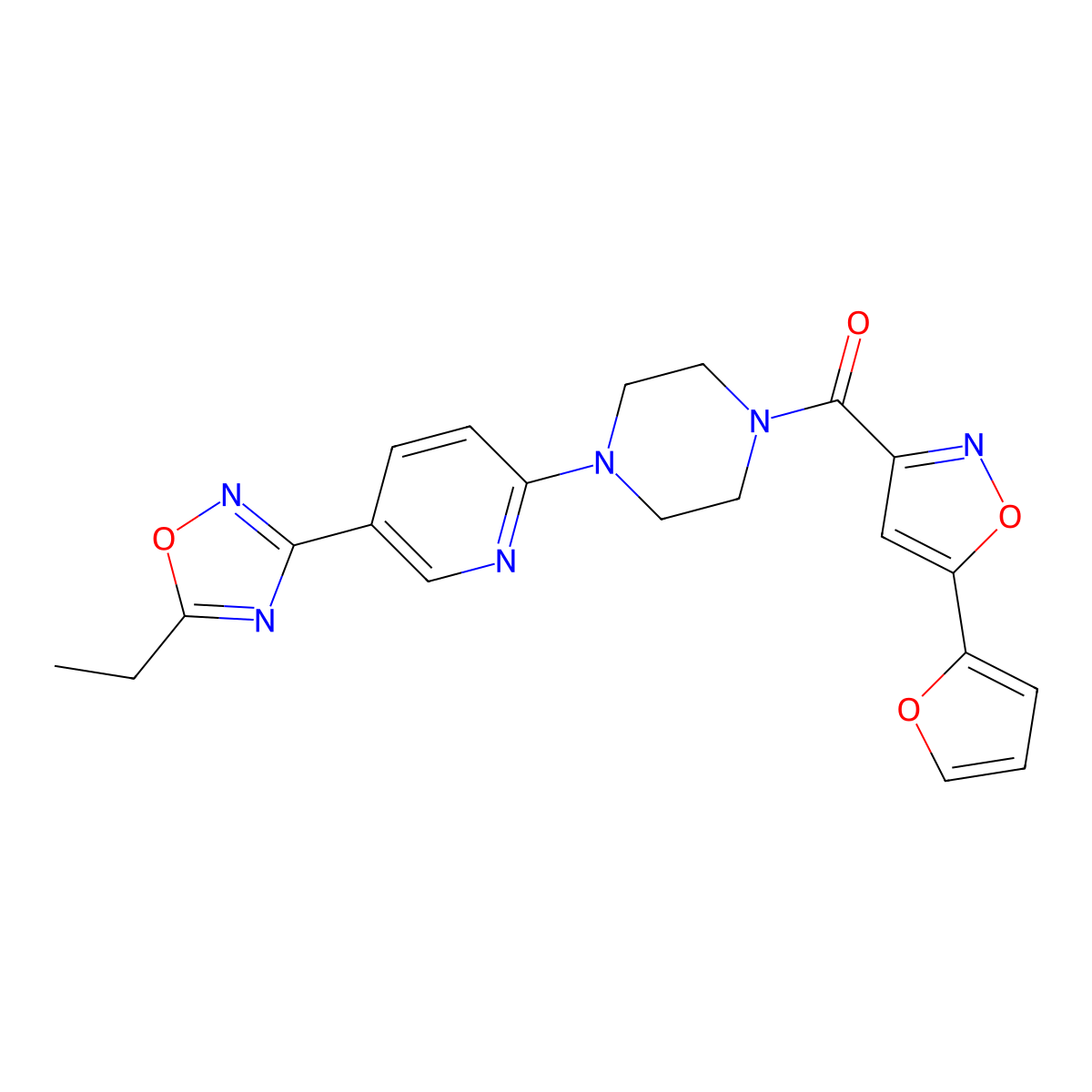 (4-(5-(5-Ethyl-1,2,4-oxadiazol-3-yl)pyridin-2-yl)piperazin-1-yl)(5-(furan-2-yl)isoxazol-3-yl)methanone molecular structure, CAS 1421457-60-4